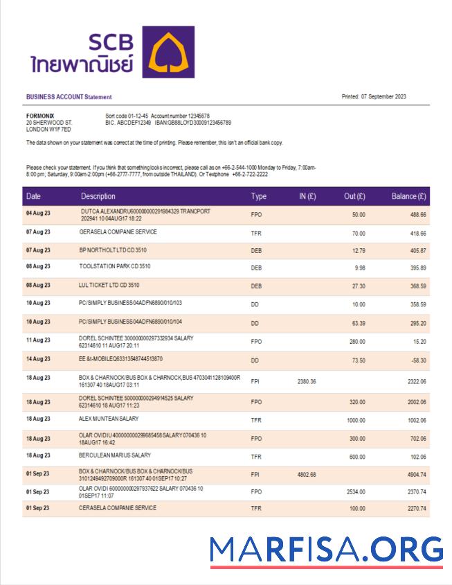 Downloadable Siam Commercial Bank enterprise account statement Word and PDF template